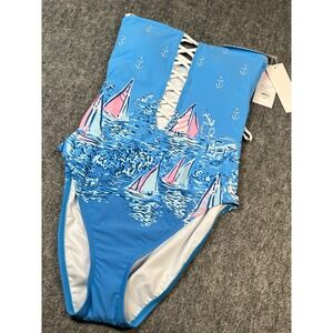 Lilly‎ Pulitzer Lunar Blue Sailboat Anchor Lace Up One Piece Swimsuit Sz 4